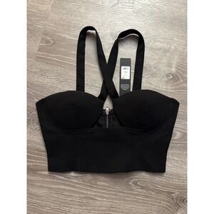 Fashion Nova Second To Midnight Top Black Zipper Straps Corset Crop XS